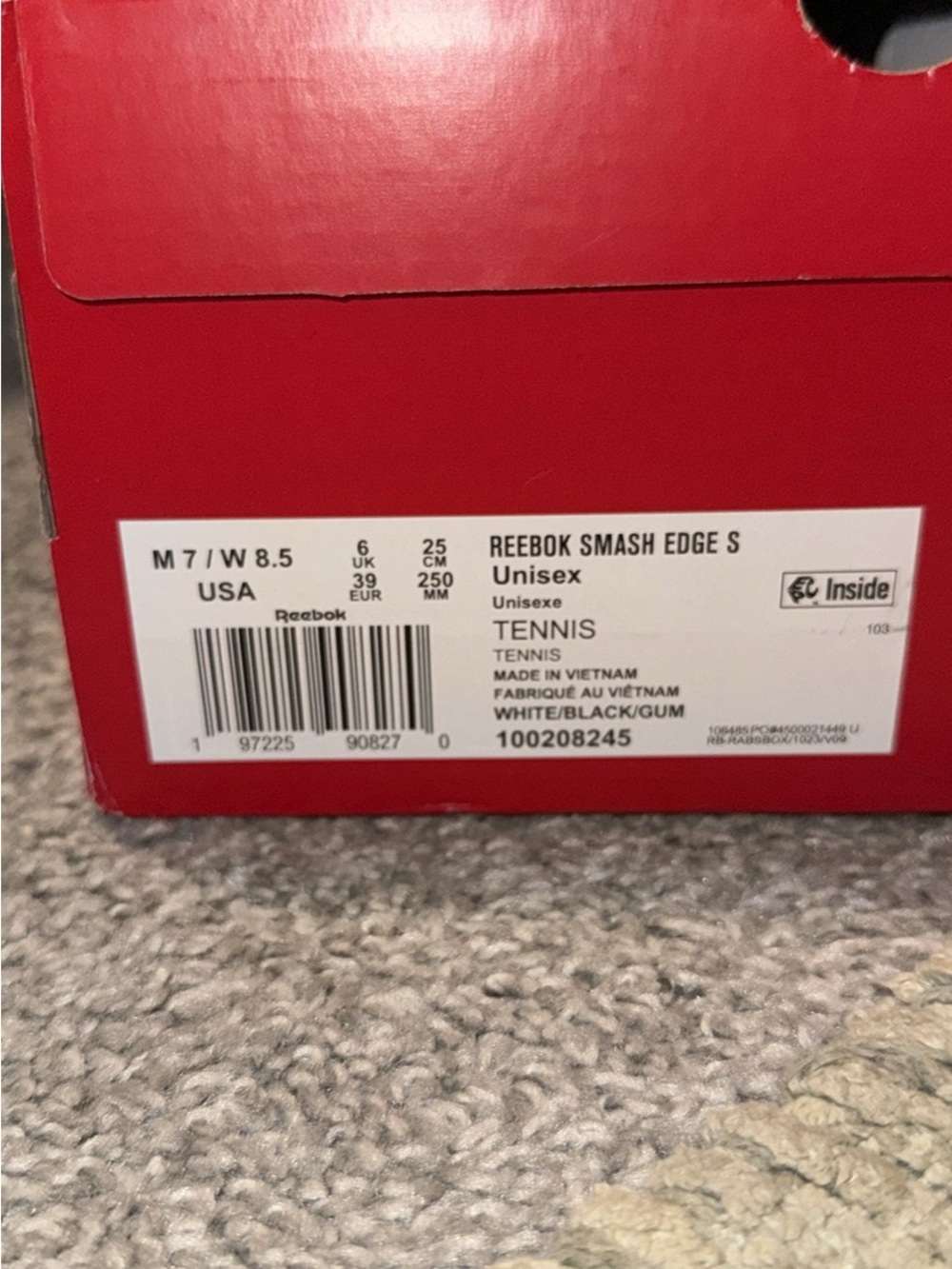 Reebok Smash Edge S Tennis Shoes Box Label - White/Black/Gum